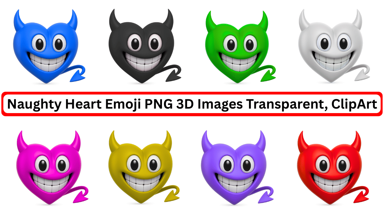 3D naughty heart emoji pack in 8 colors with horns, tails, big smiles