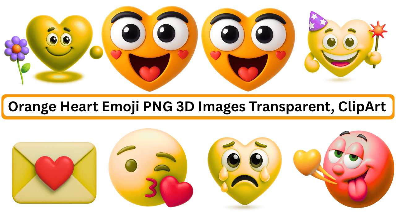 Orange heart emoji PNGs in 3D style with fun expressions and transparent background