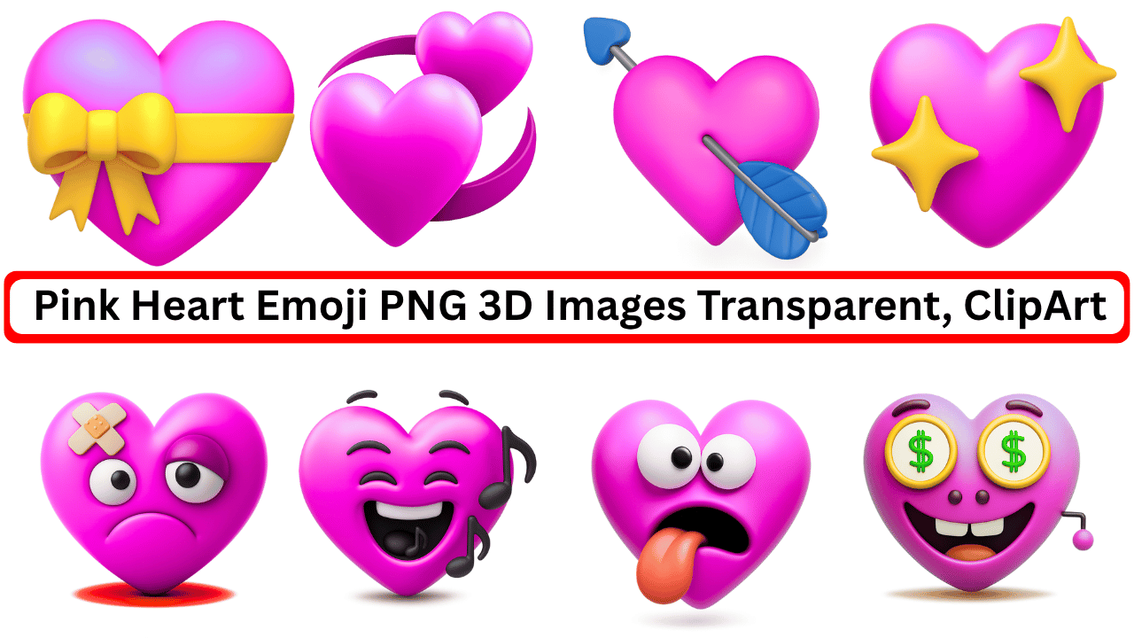 3D pink heart emojis with cute expressions and symbols on transparent background, clipart style