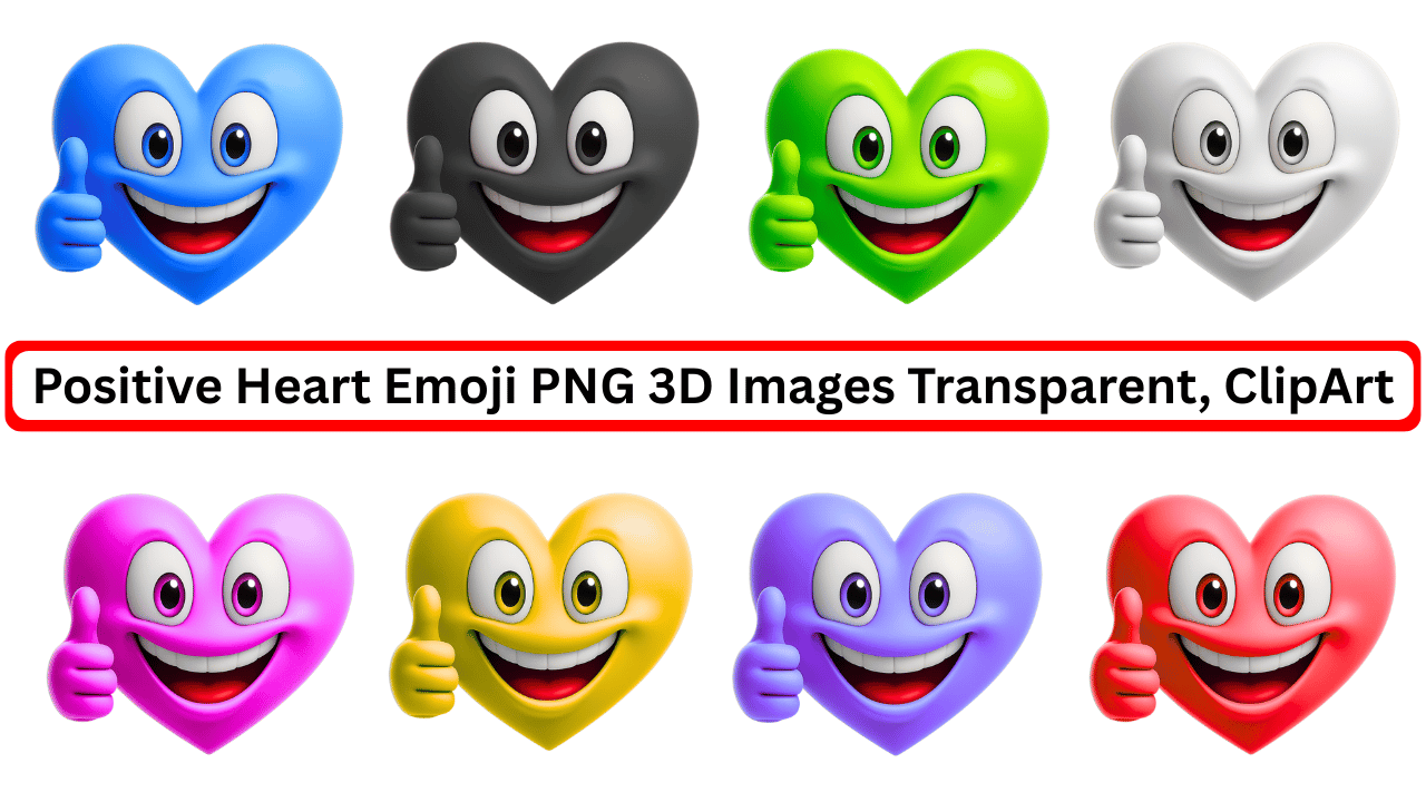 Colorful 3D positive heart emoji pack with thumbs up and smiling faces PNG