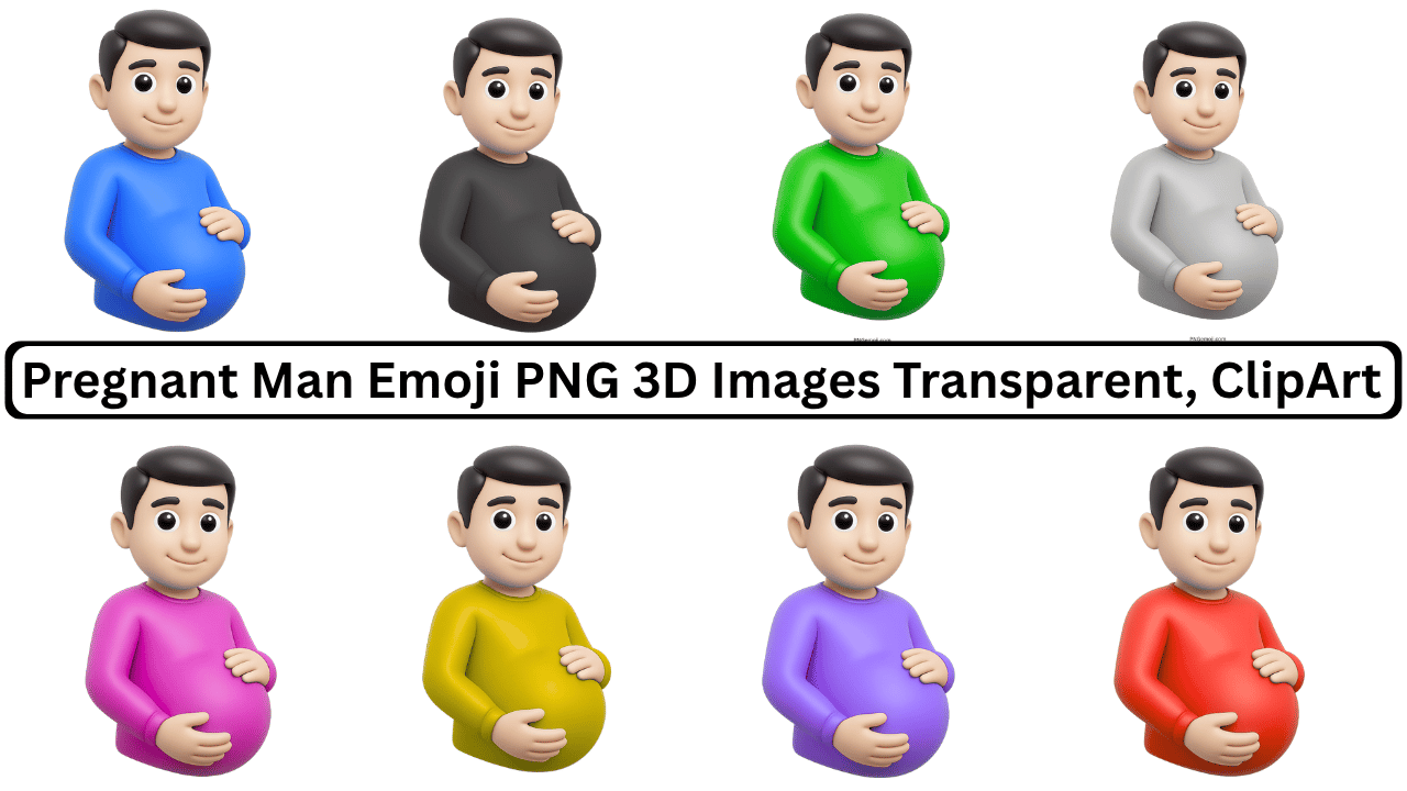 3D pregnant man emoji set in multiple colors, transparent background, smiling, hands on belly, clipart design.