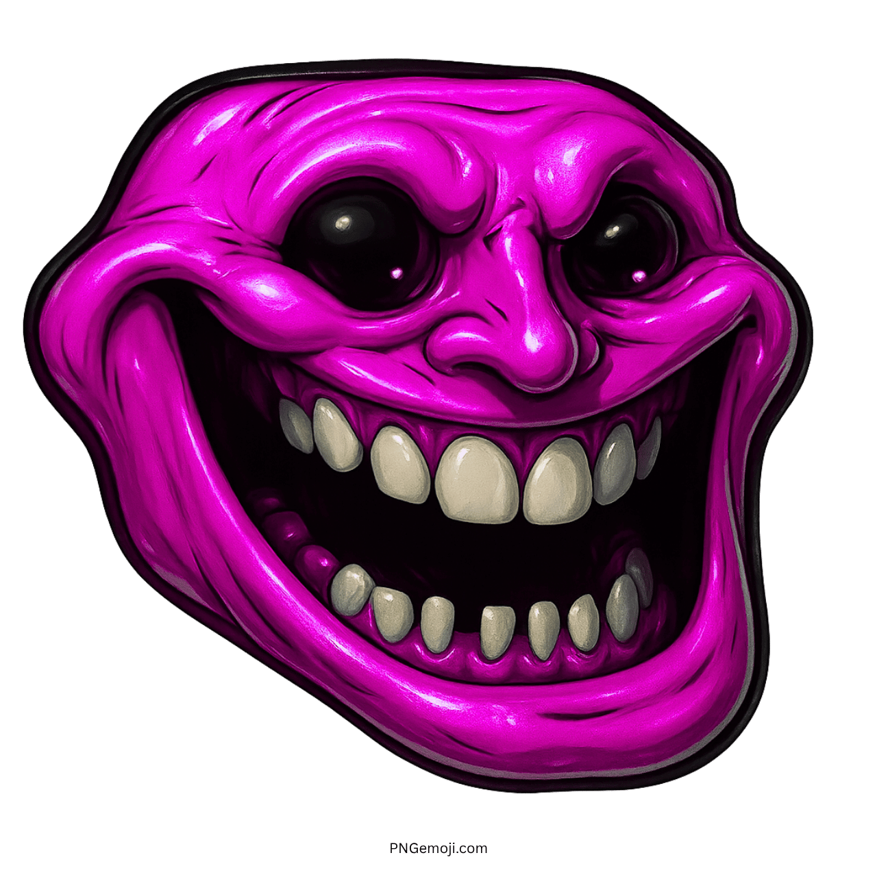 Purple evil troll face with creepy wide smile and dark meme-style expression