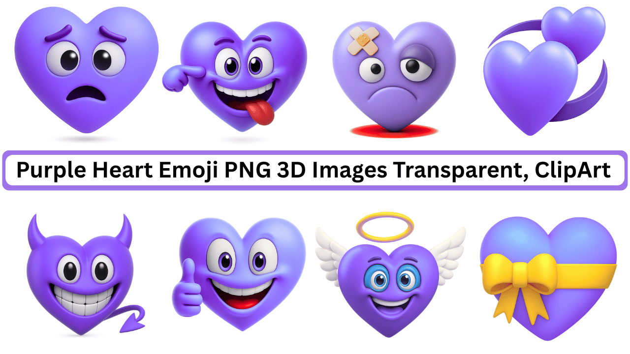 3D purple heart emojis with expressive faces, wings, bows, and transparent background