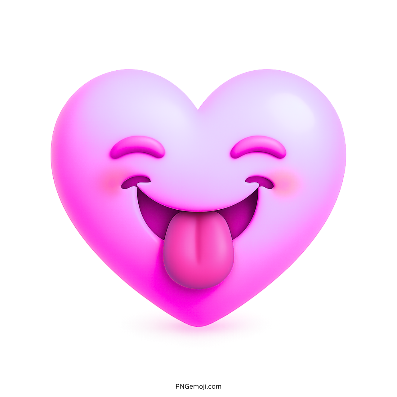 Smiling purple-pink heart emoji with tongue out and blushing cheeks in 3D style
