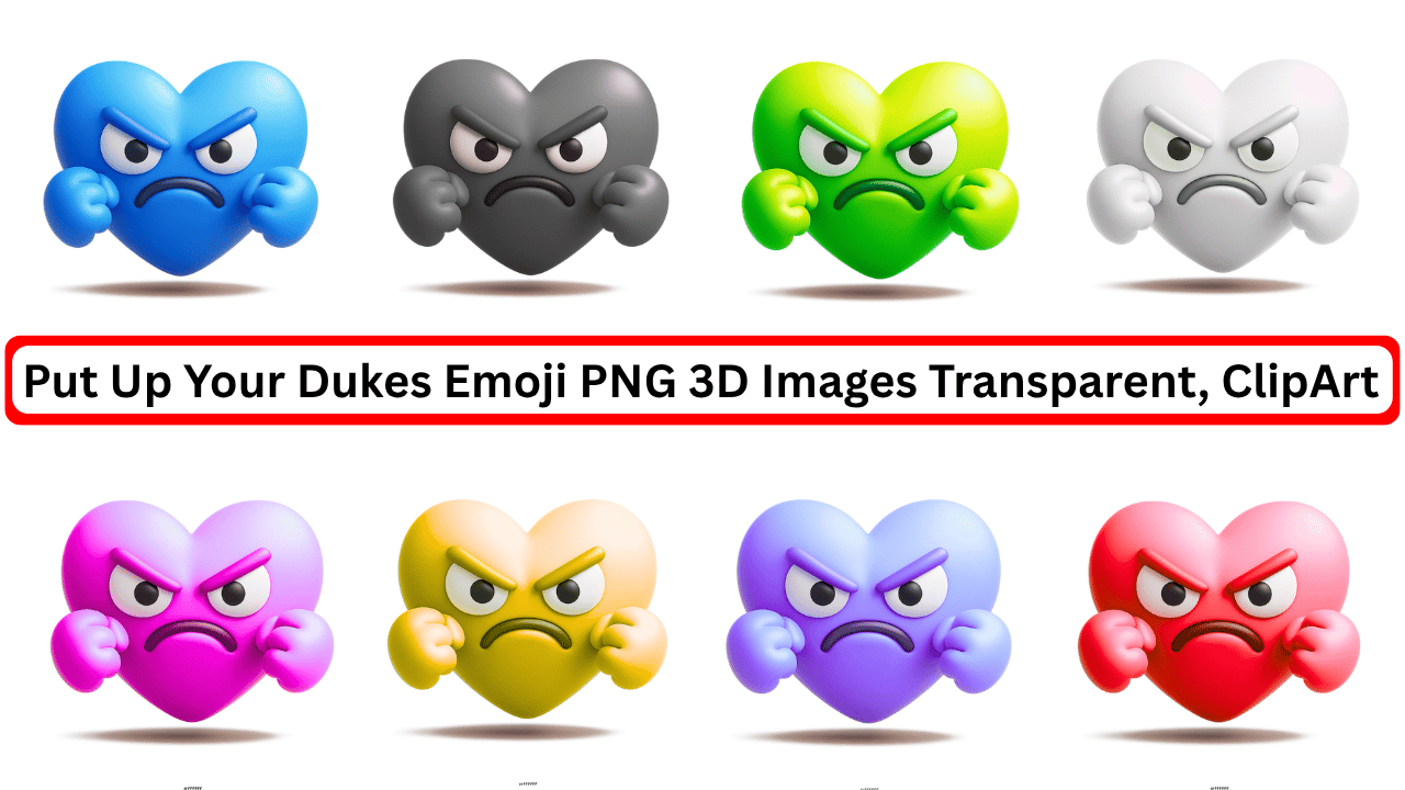 Colorful 3D angry heart emojis in different shades with clenched fists and furious faces