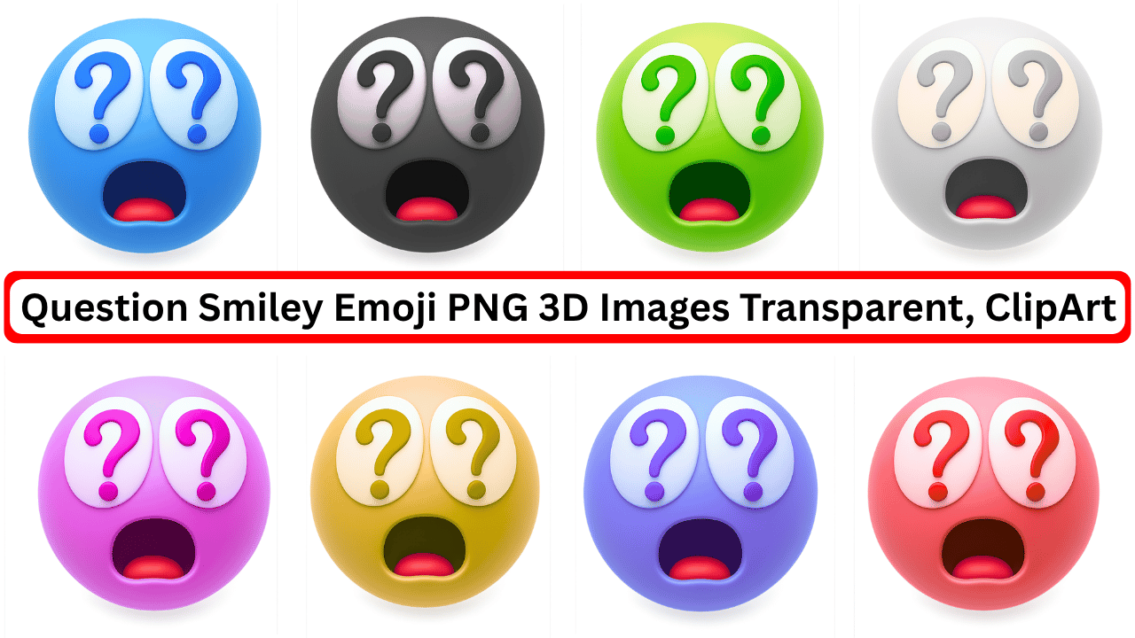 Colorful question smiley emoji PNG collection in 3D clipart style with transparent background