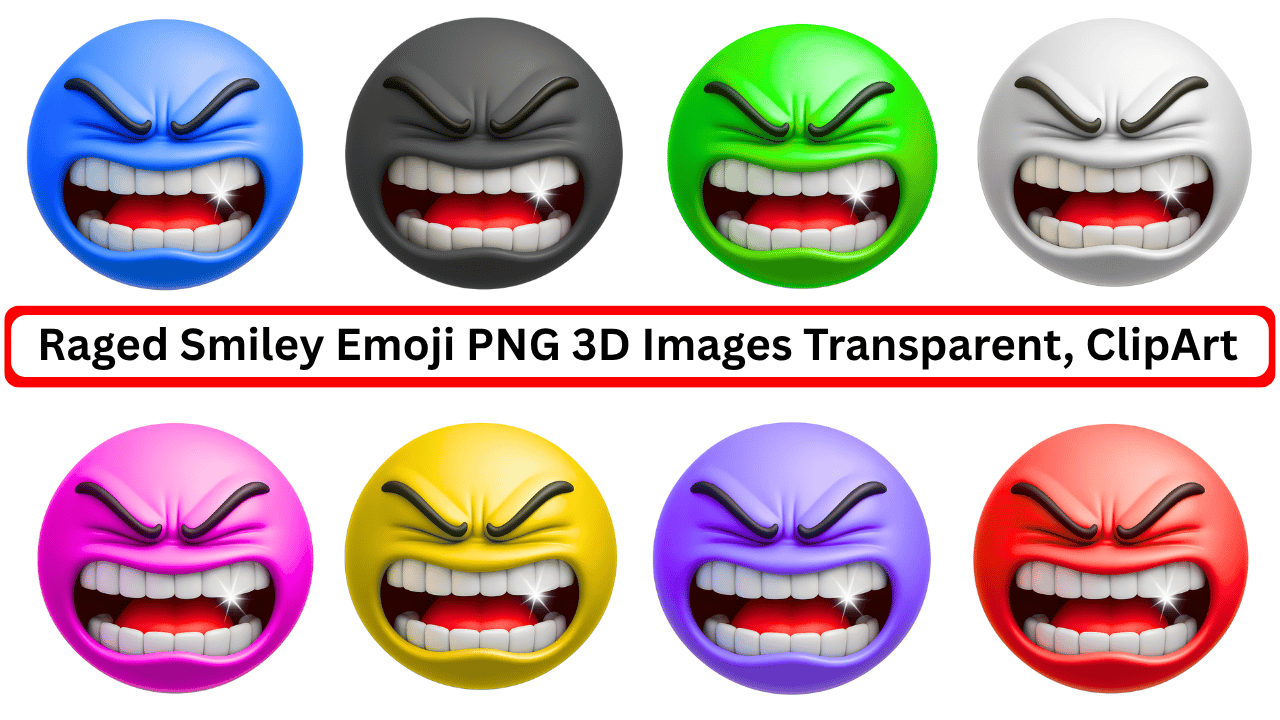 Colorful 3D raged smiley emoji pack with angry expressions and transparent backgrounds in PNG