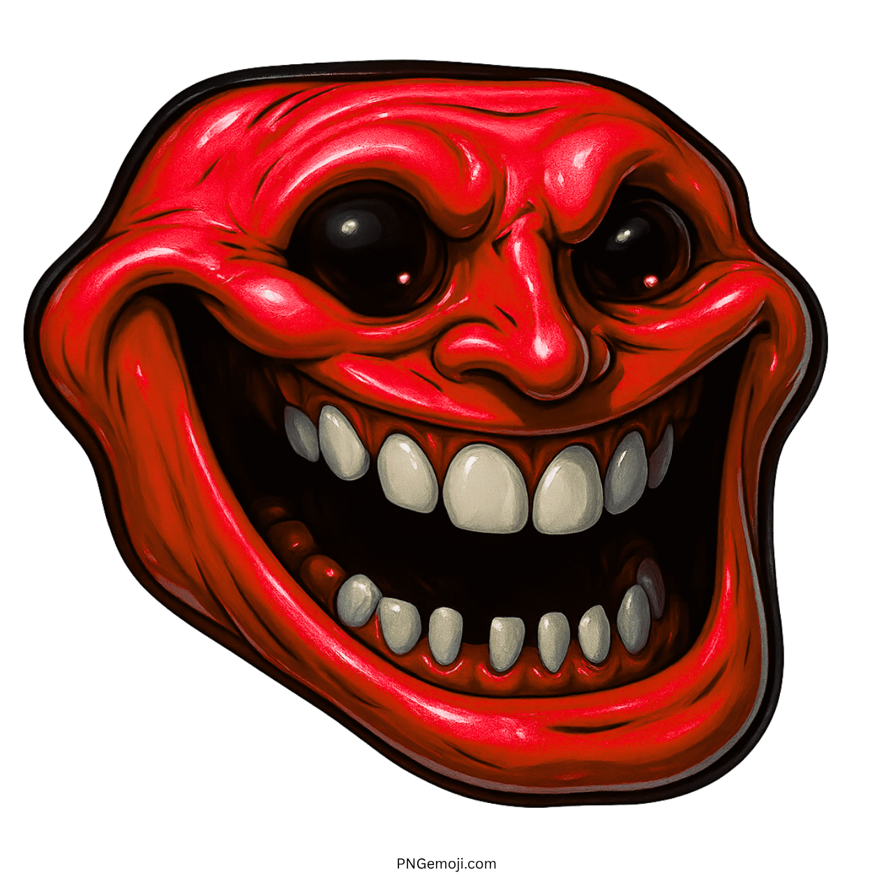 Red evil troll face with creepy wide grin and intense meme-style expression