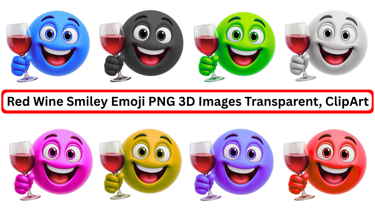 Colorful 3D smiley emojis holding red wine glasses in a transparent clipart collection