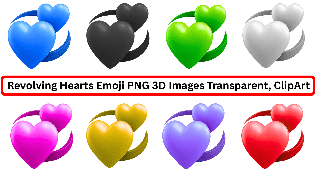 Colorful 3D revolving hearts emoji PNG clipart with transparent background in multiple vibrant shades