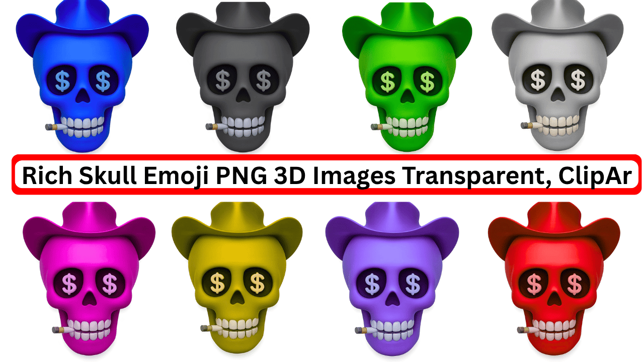 Set of 3D rich skull emojis in multiple colors with cowboy hats and dollar eyes