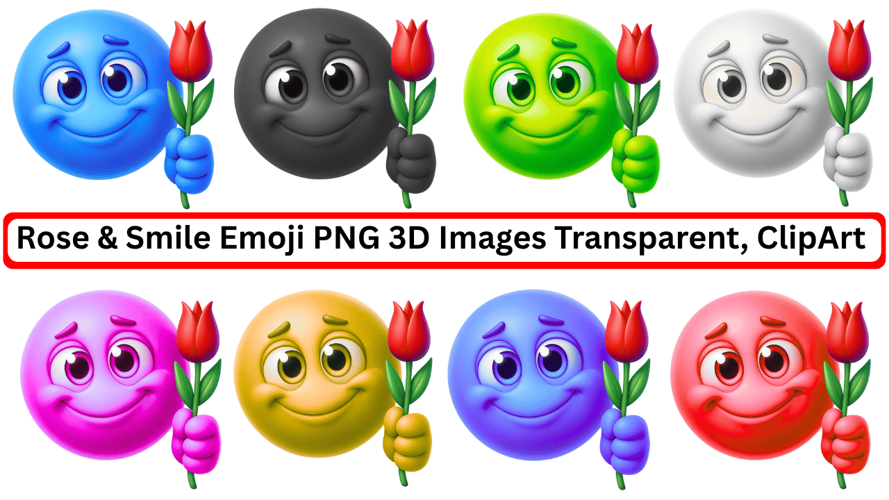 Colorful rose and smile emoji 3D PNG clipart in various shades with red flowers