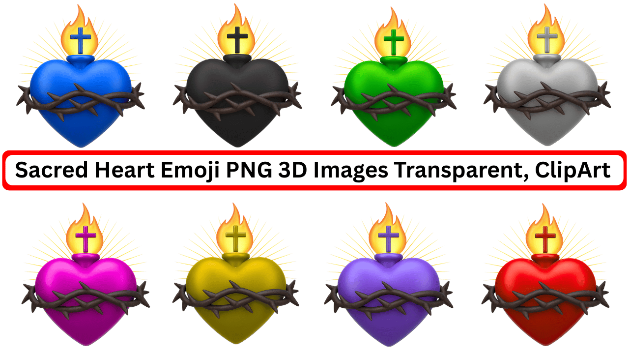 Colorful 3D sacred heart emoji clipart set with cross, flame, and thorns transparent PNG
