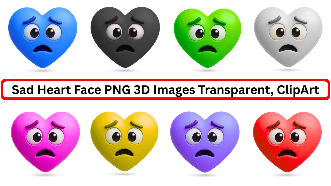 3D sad heart face emoji PNG clipart in multiple colors with transparent background