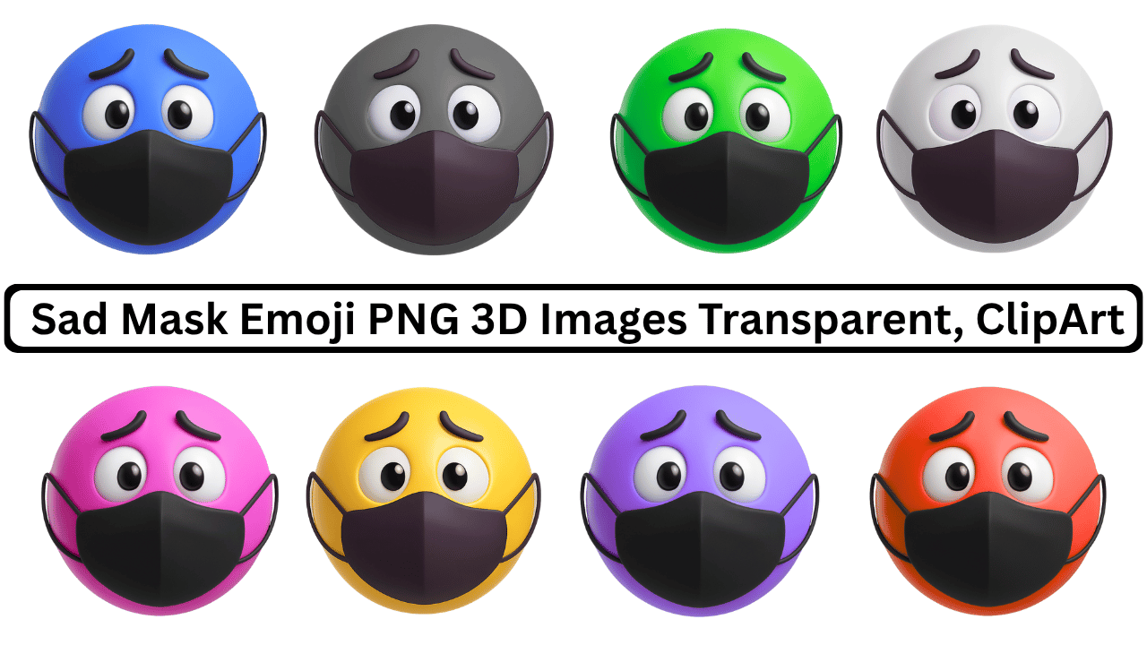 Sad mask emoji PNG 3D clipart with black mask in multiple color variations