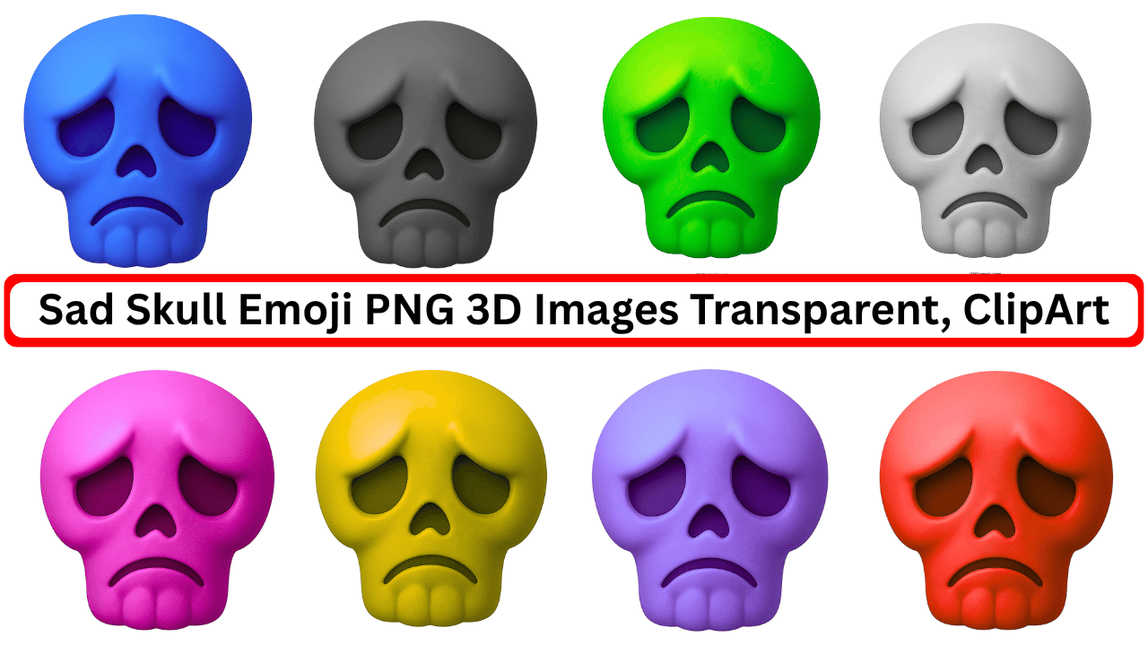 3D sad skull emoji set in various colors with transparent PNG background clipart