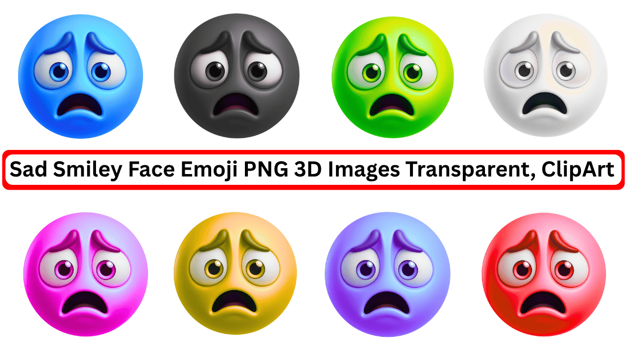 Sad smiley face emoji set with 3D design in colorful transparent PNG format