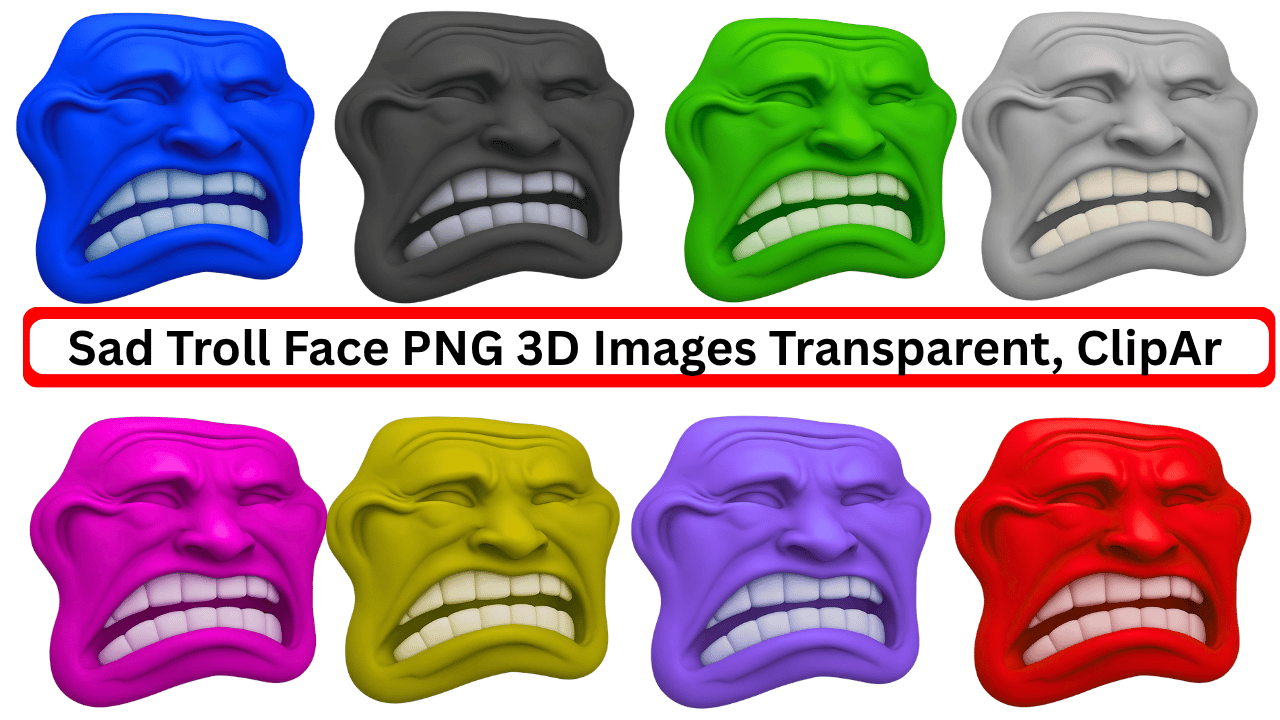 Sad troll face 3D emoji collection with multiple colors on transparent background.