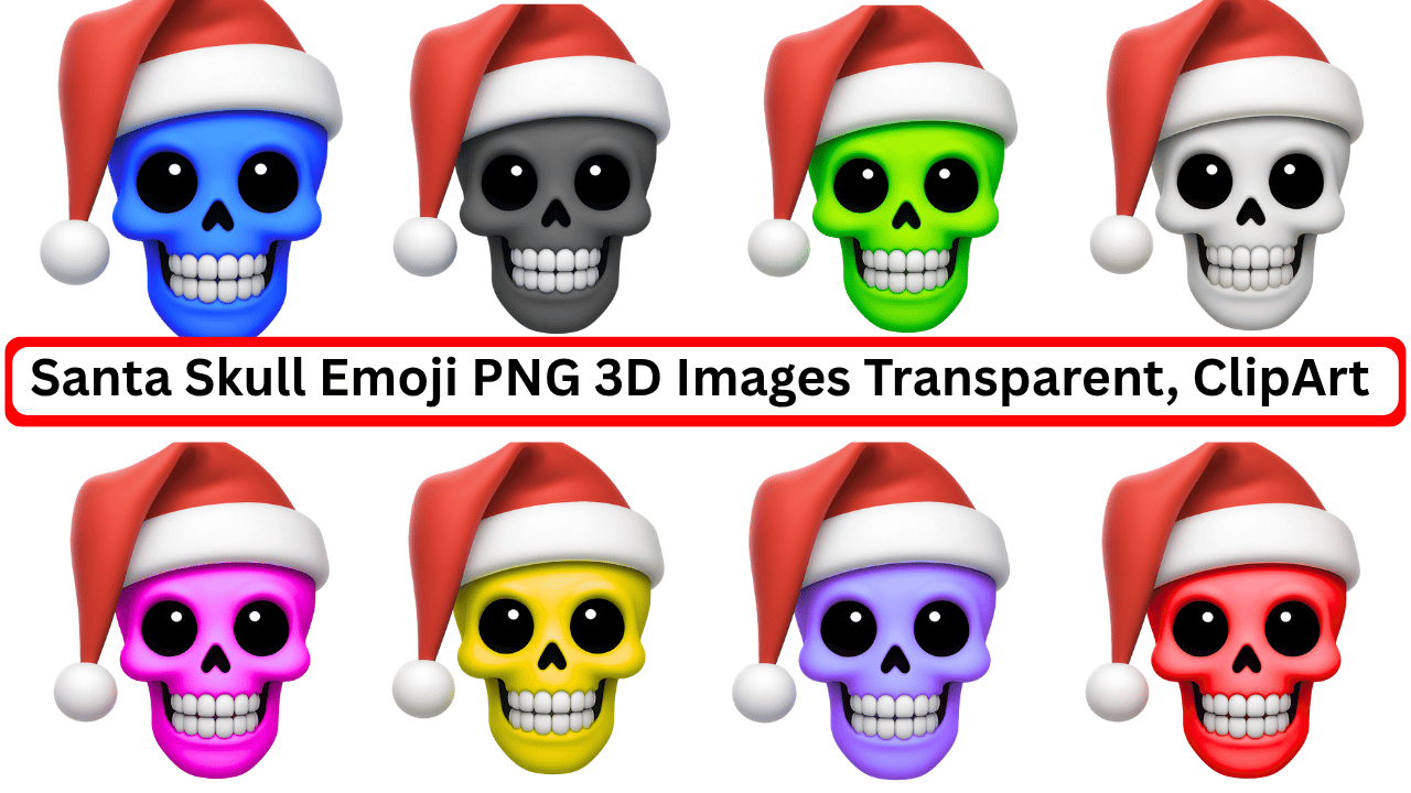 Colorful 3D Santa skull emoji collection in various colors with transparent backgrounds