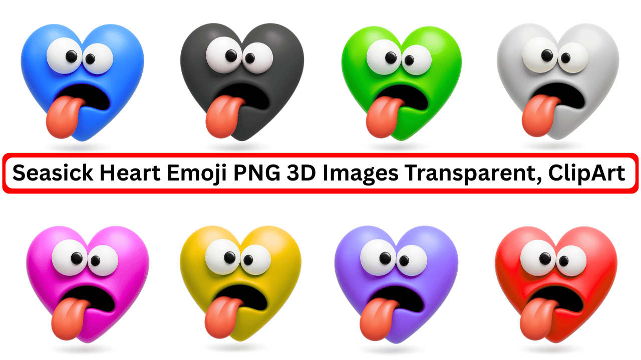 Set of colorful seasick heart emojis in 3D cartoon style with transparent backgrounds