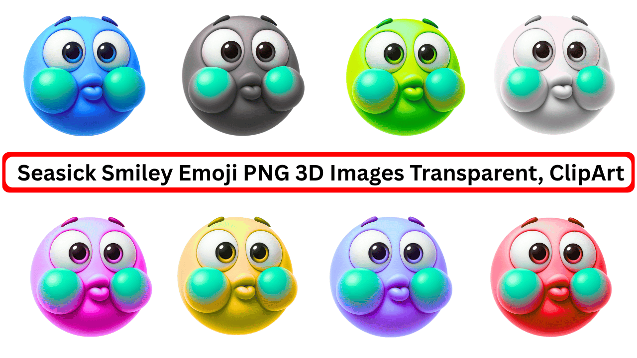 Colorful 3D seasick smiley emoji set with bloated cheeks and cartoon expression