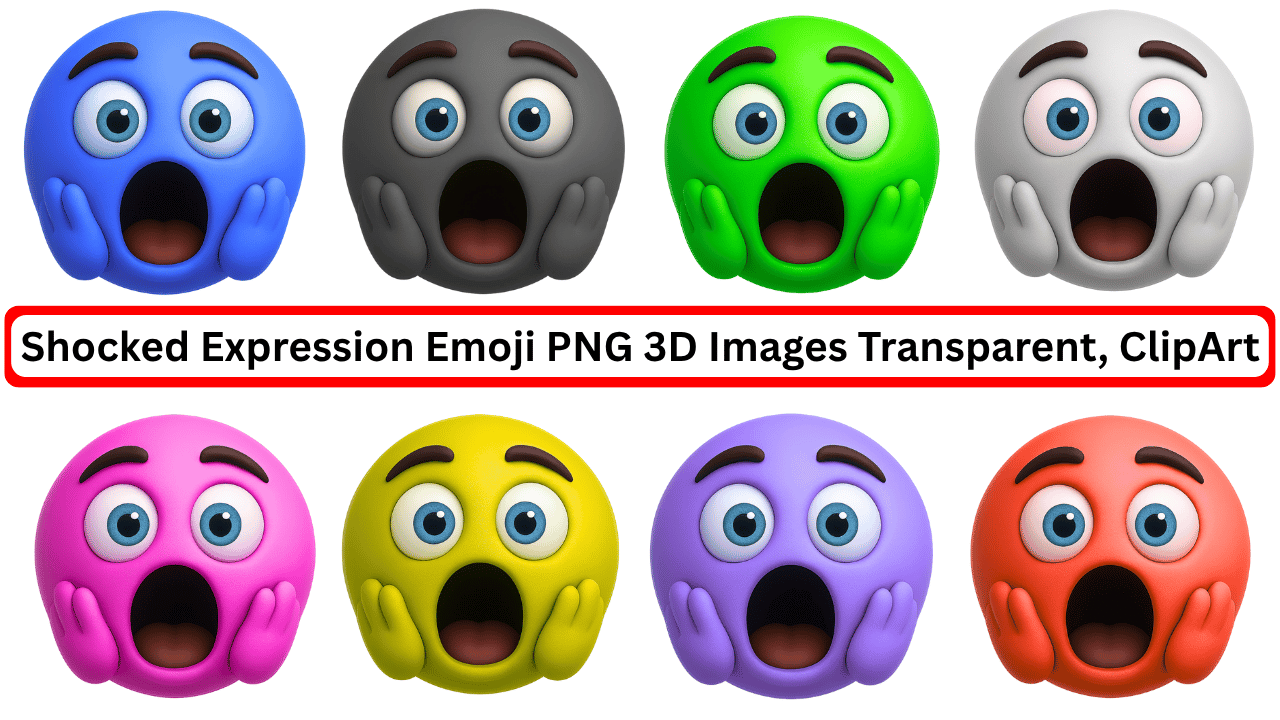 3D shocked emoji face collection in multiple colors with transparent background clipart style