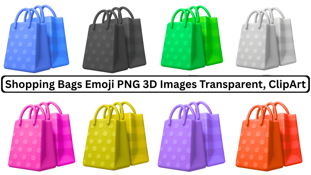 Collection of 3D shopping bags emoji in various colors with dots and stripes designs