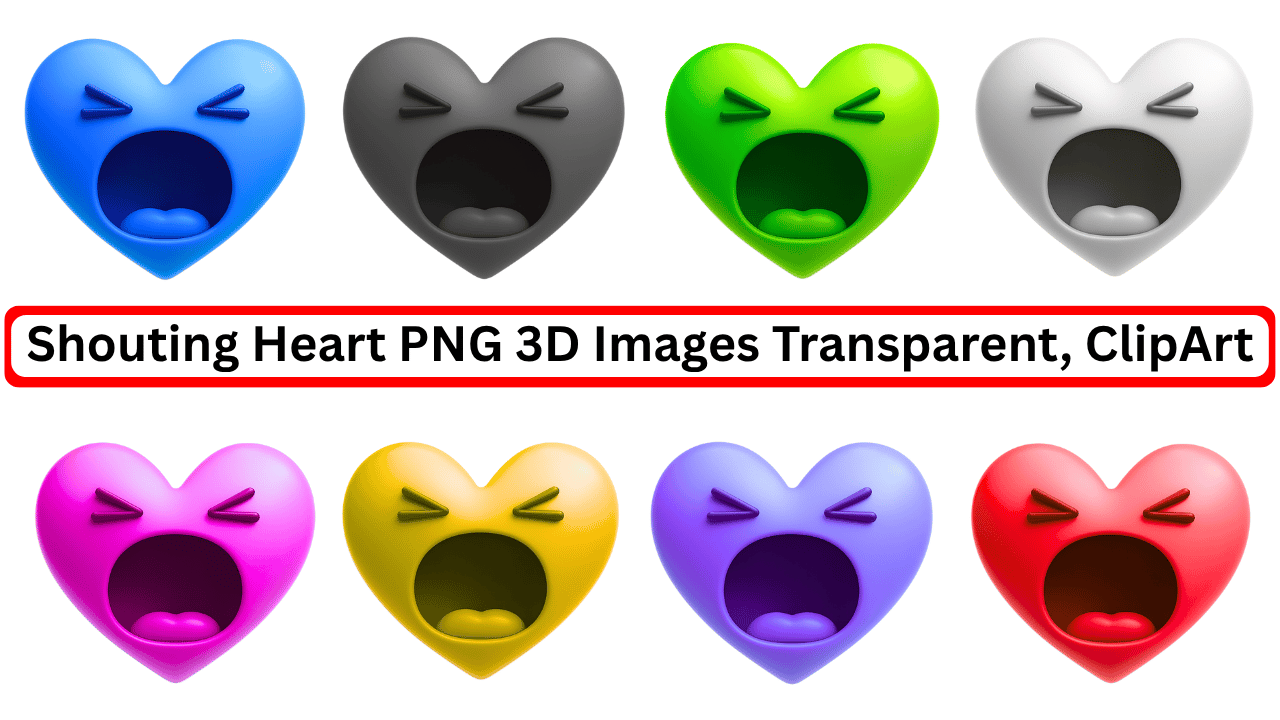 3D shouting heart emojis in multiple colors with expressive faces, transparent PNG clipart