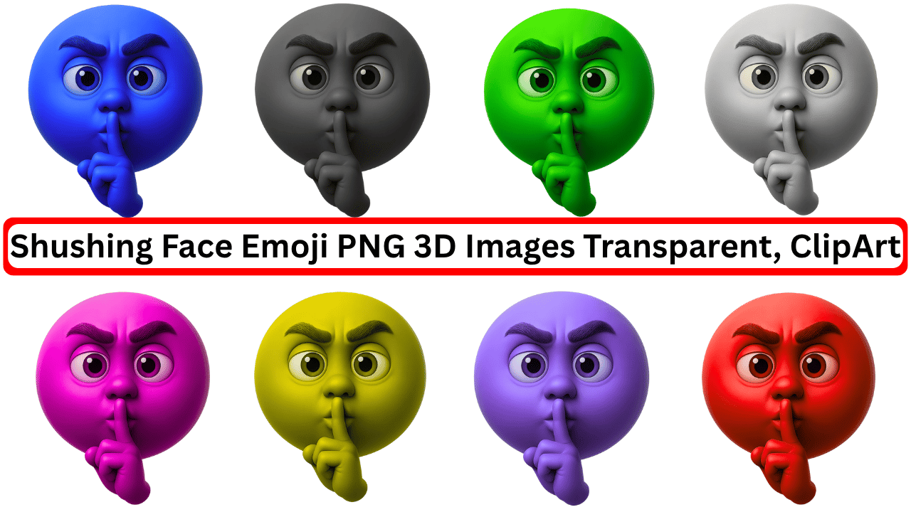 Colorful 3D shushing face emojis with transparent backgrounds in multiple vibrant clipart styles