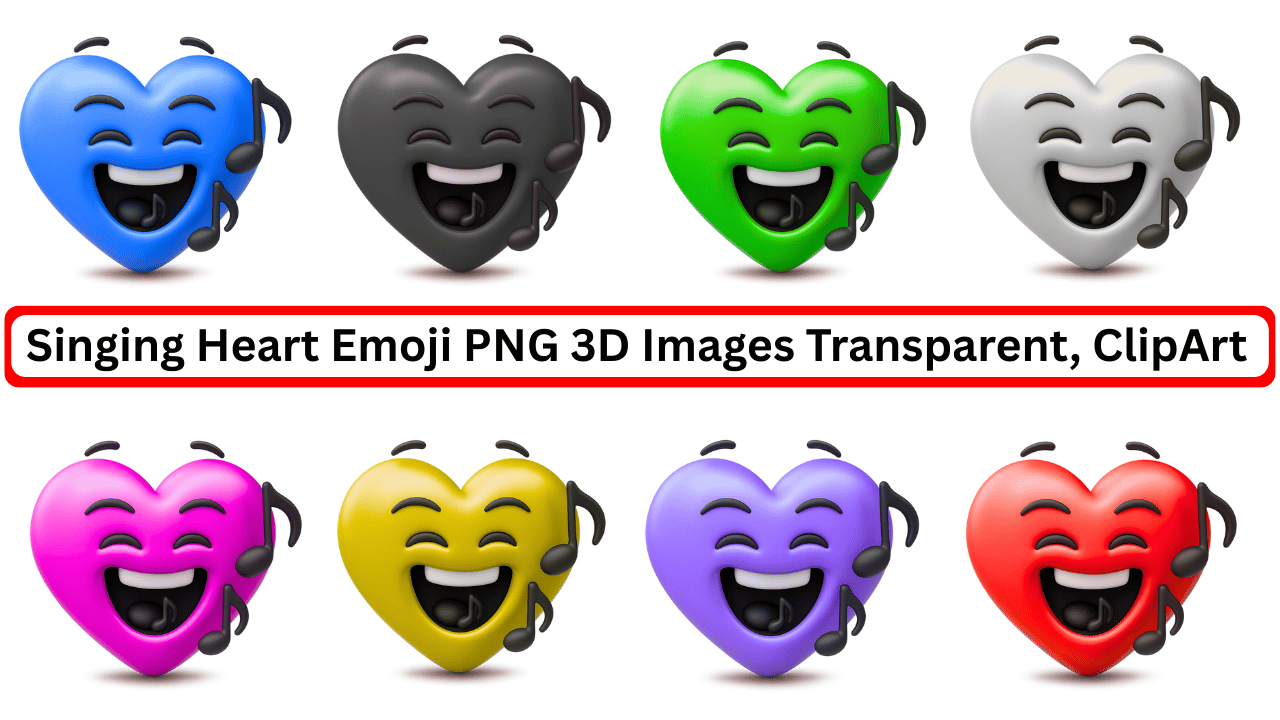 3D colorful singing heart emojis with music notes in PNG transparent clipart style