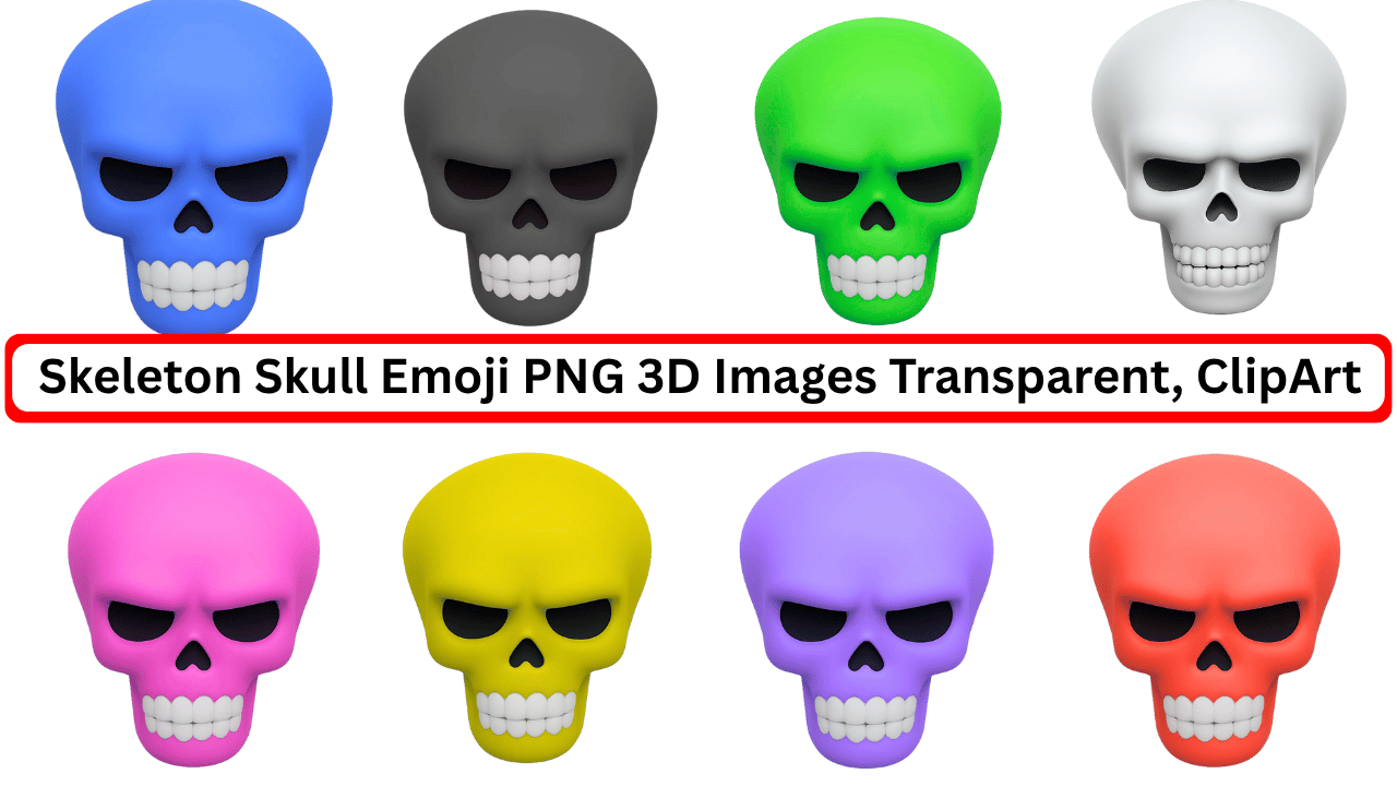 Colorful 3D skeleton skull emoji pack with 8 different face colors on transparent background