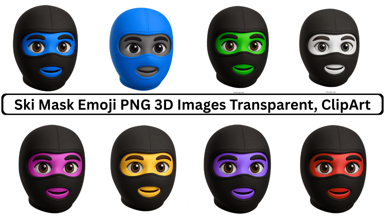 Colorful 3D ski mask emoji collection with various face tones and black balaclava designs