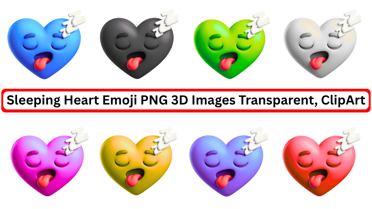 Colorful 3D sleeping heart emojis in PNG clipart with Zzz and closed eyes