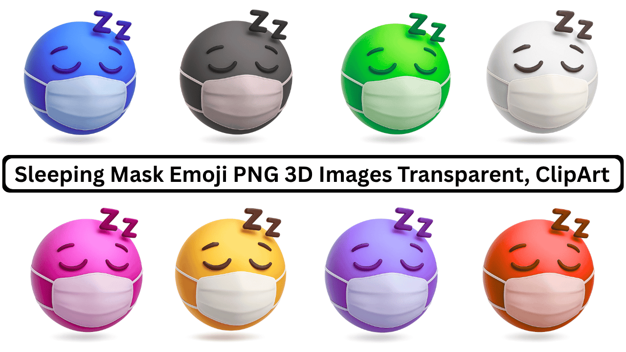 Set of colorful sleeping mask emojis with Zzz icons in 3D transparent style