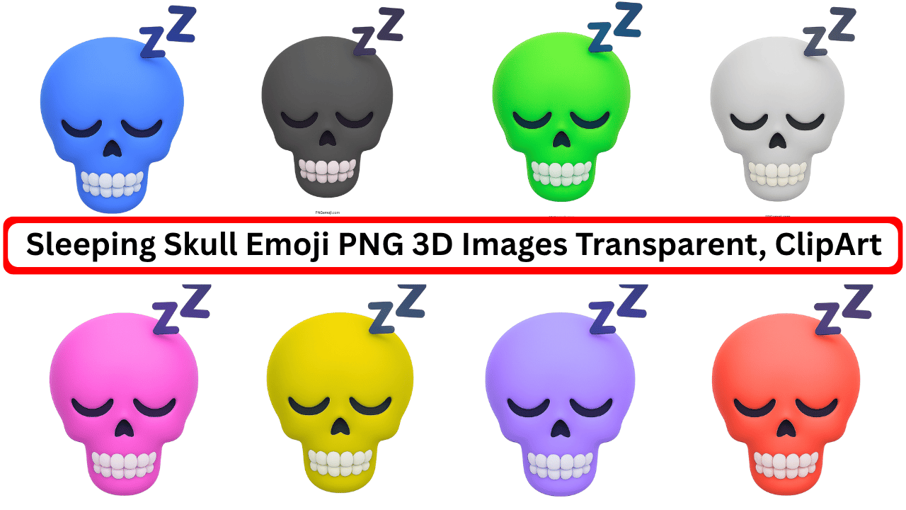 Colorful 3D sleeping skull emoji PNG bundle with transparent background and ZZZ symbols