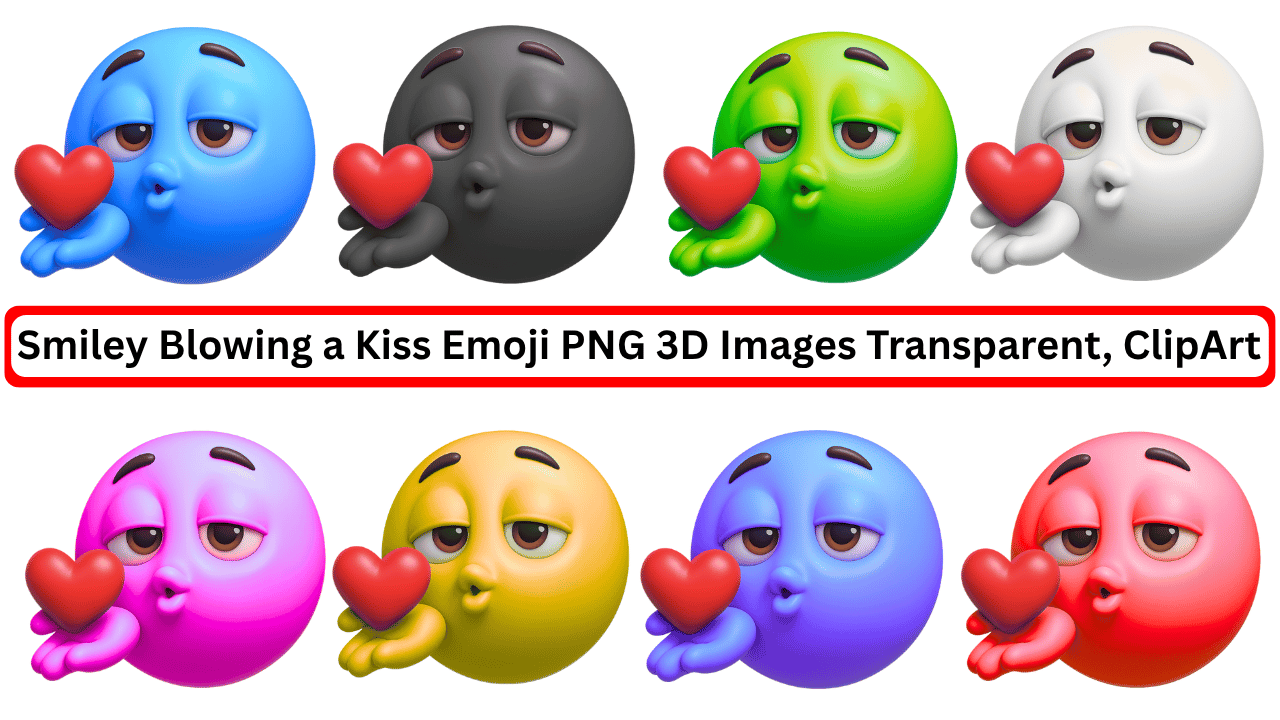 3D kiss emoji PNGs in multiple colors with red heart and romantic expressions
