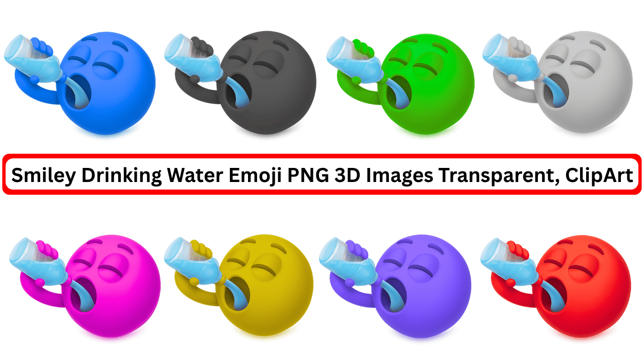 3D smiley emojis drinking water in colorful variations, hydration clipart PNG set