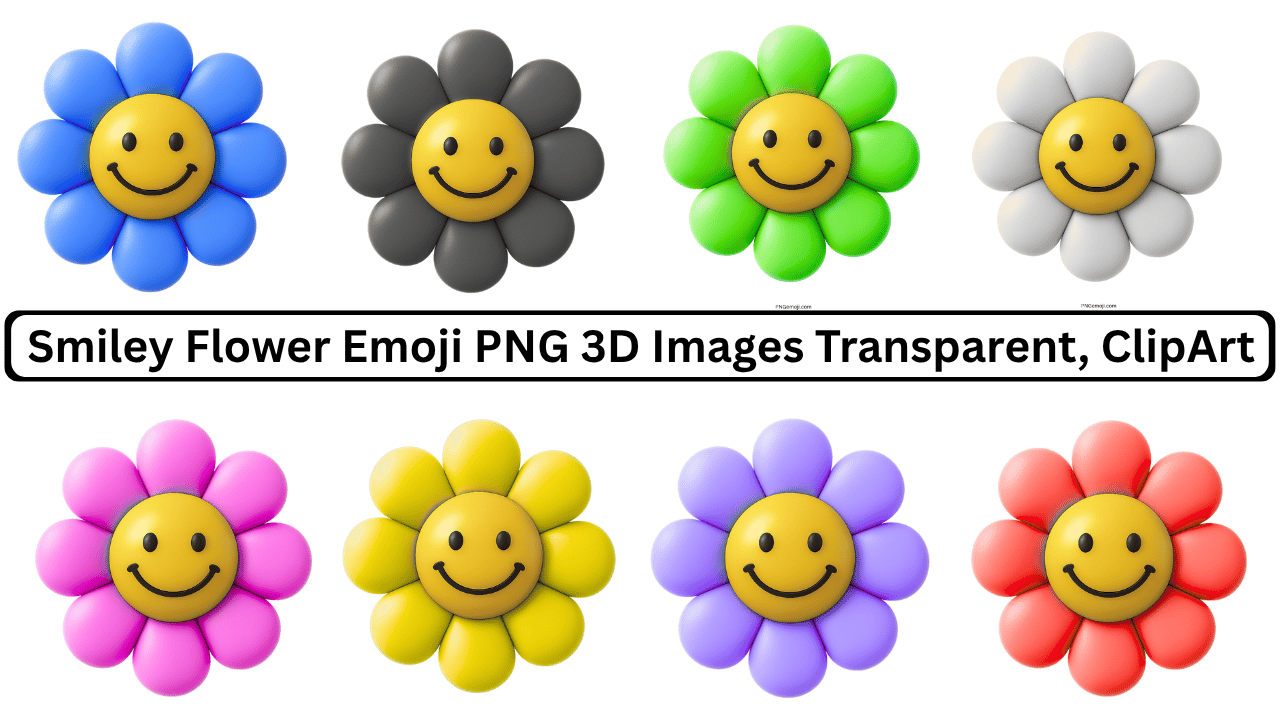 A collection of colorful Smiley Flower Emojis in blue, black, green, white, pink, yellow, purple, and red with a yellow smiley face in the center.
