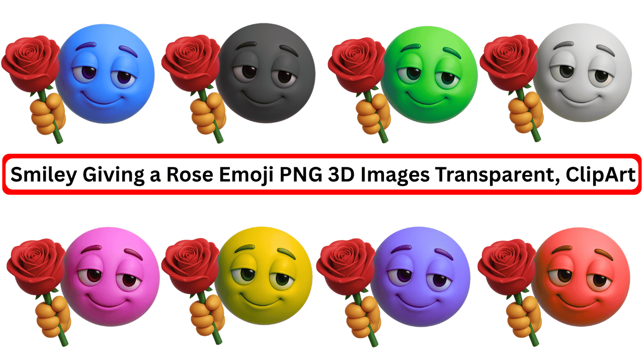 Colorful 3D smiley emojis offering red roses with romantic expressions, transparent clipart PNG