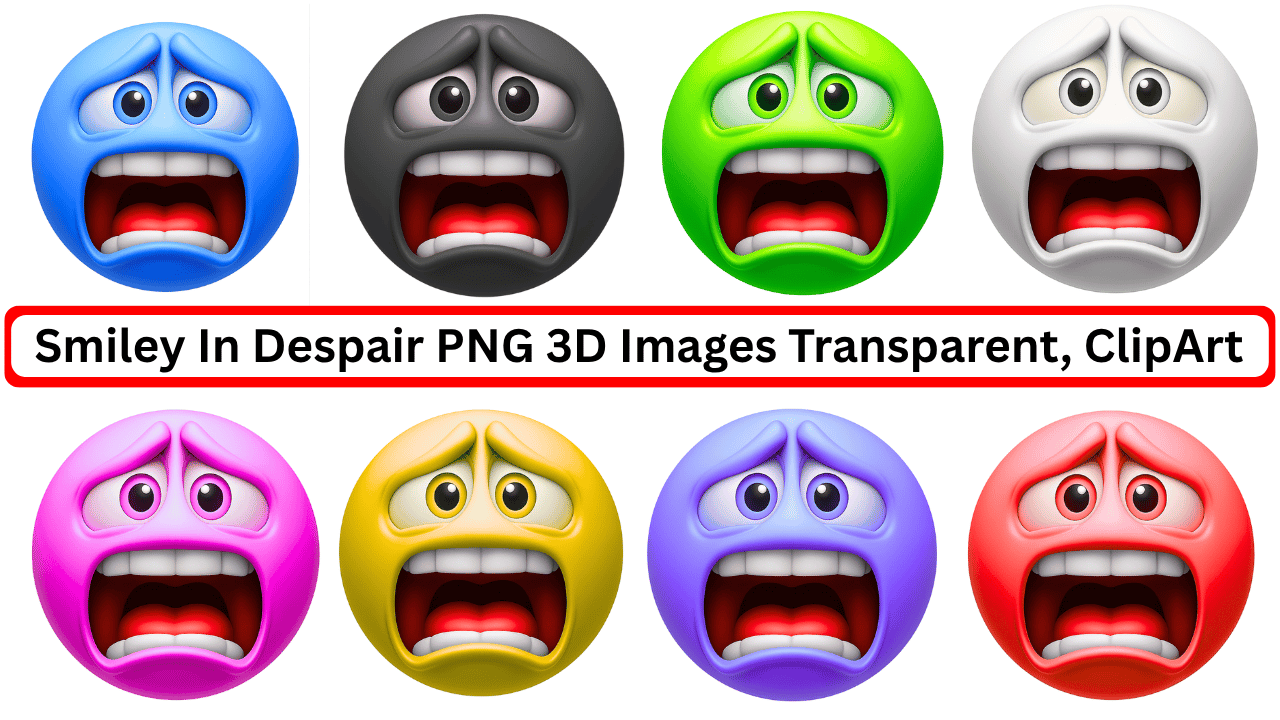 Colorful 3D despair emoji faces showing panic, fear, and anxiety with transparent backgrounds