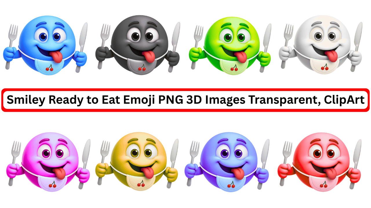 Colorful 3D emojis ready to eat with fork, knife, and cherry bib