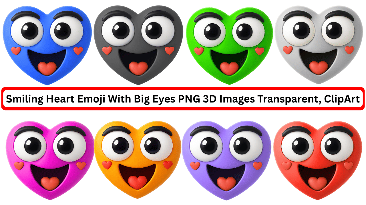 smiling heart emoji with big eyes in various colors png 3d clipart