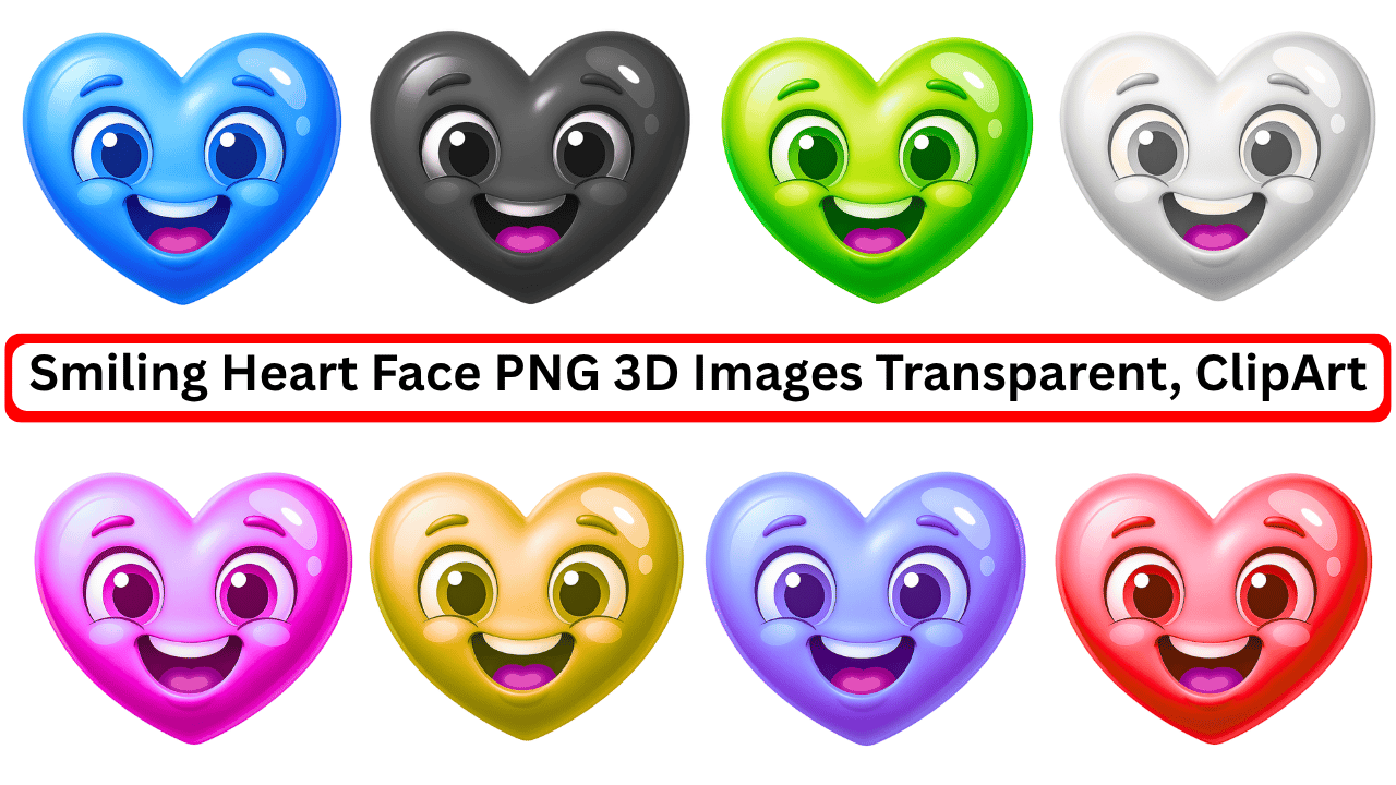 Smiling heart face emojis in colorful 3D cartoon style PNG transparent clipart collection