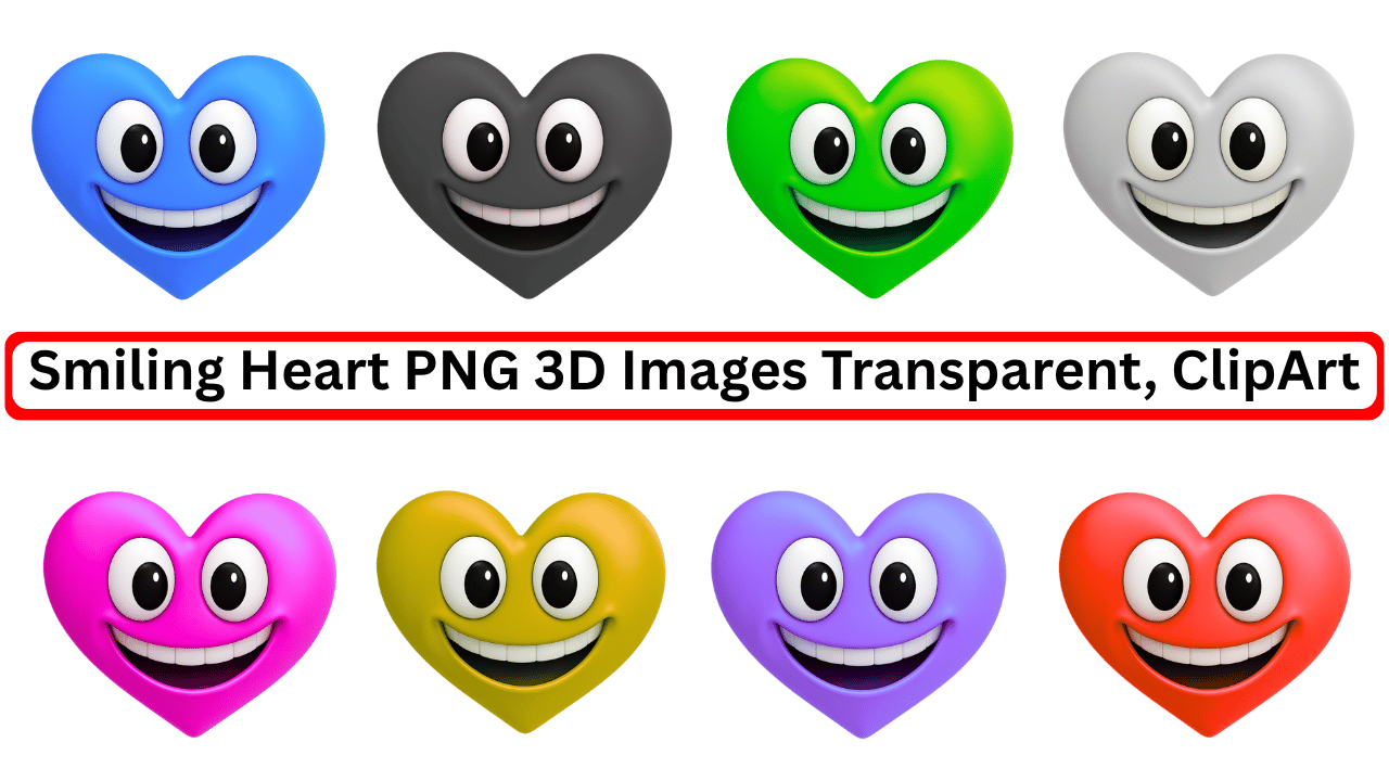 Colorful 3D smiling heart emojis in various colors with cartoon eyes and transparent background.