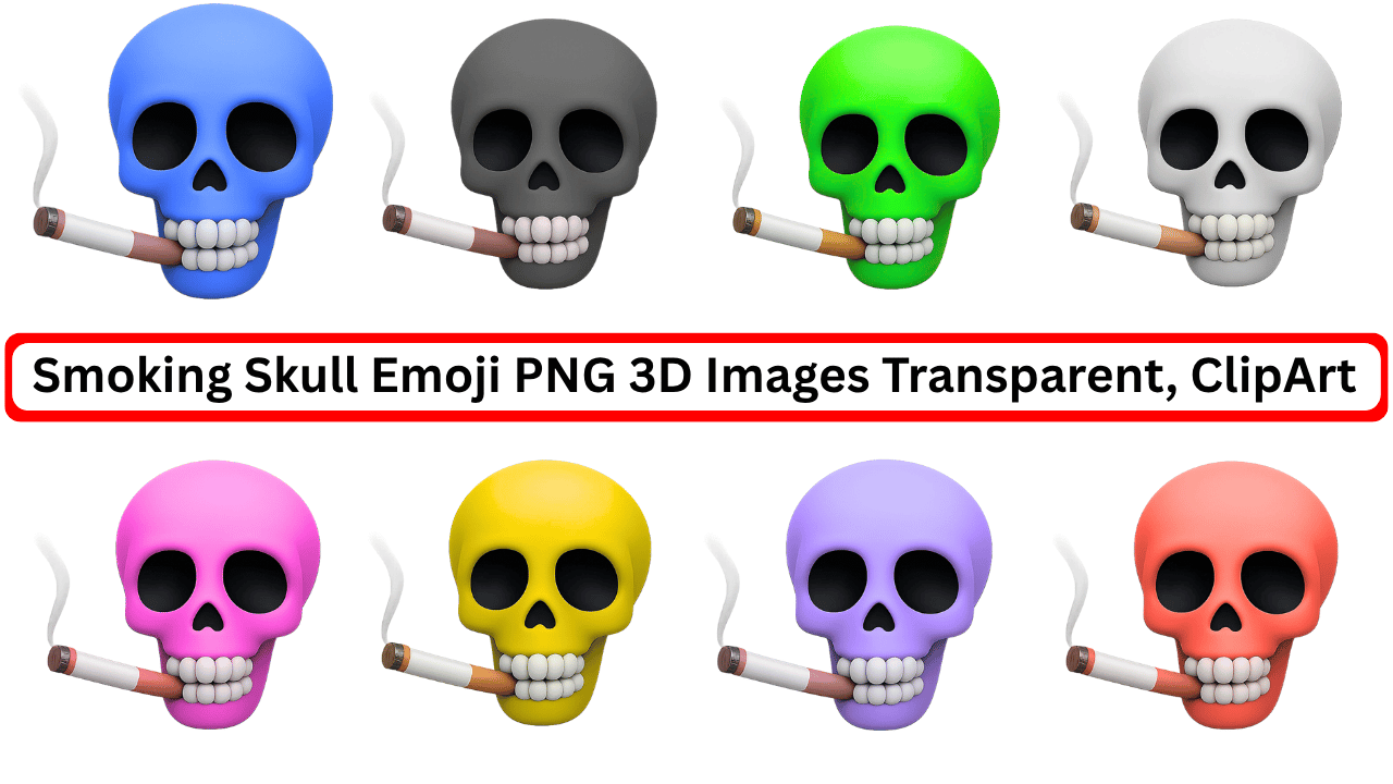 Set of colorful 3D smoking skull emojis with transparent background and cartoon style