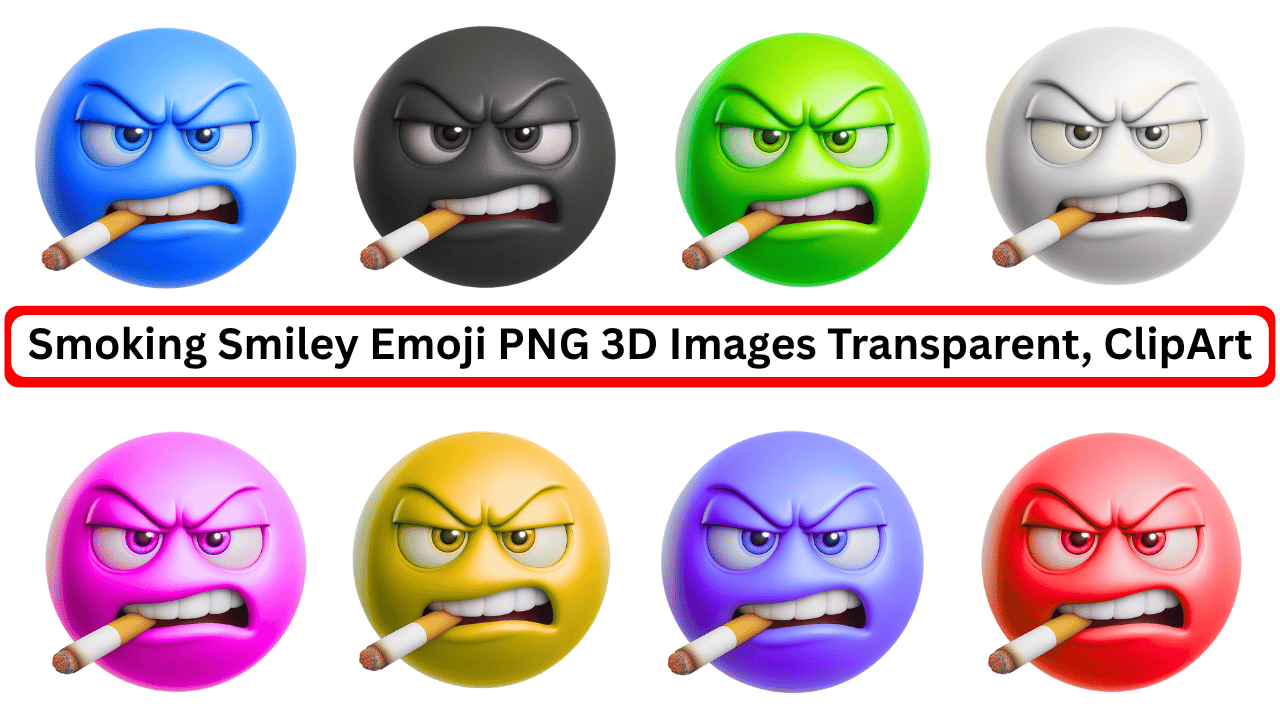 Colorful 3D smoking smiley emoji faces in various expressions and transparent PNG