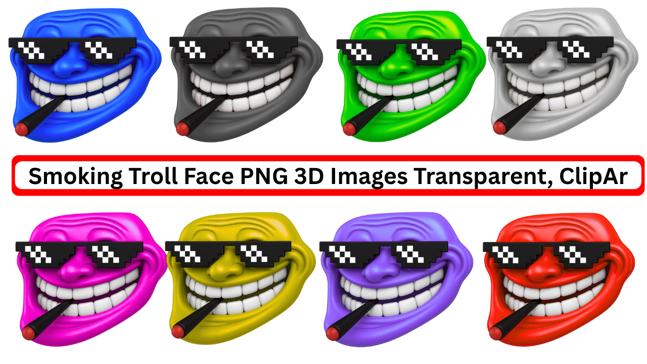 Colorful smoking troll face emoji 3D PNG with thug life glasses and cigar