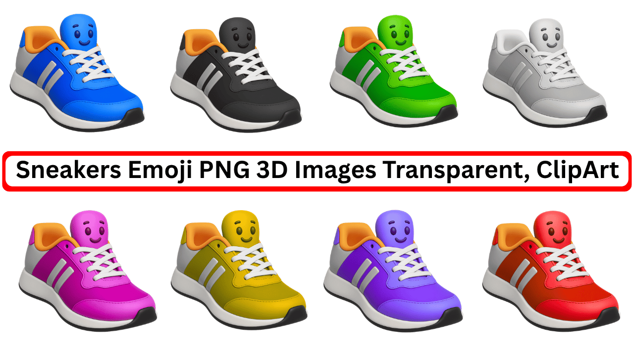 Sneakers emoji pack with 3D colorful shoes and smiling faces in transparent PNG format