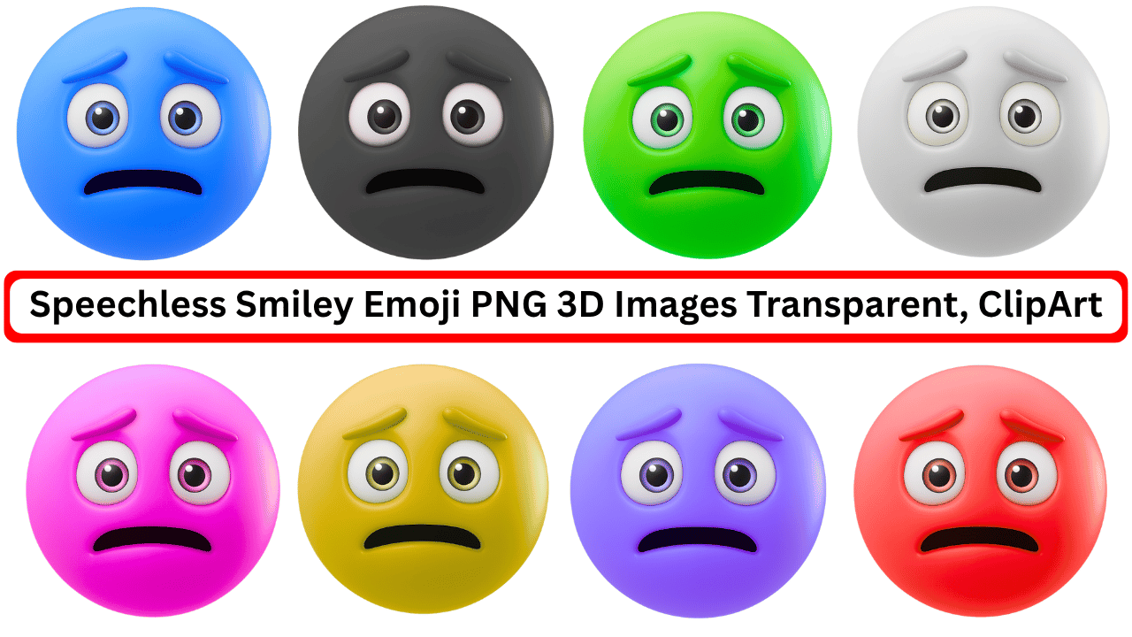 Multiple speechless 3D emoji faces in various colors with shocked expressions and transparent background