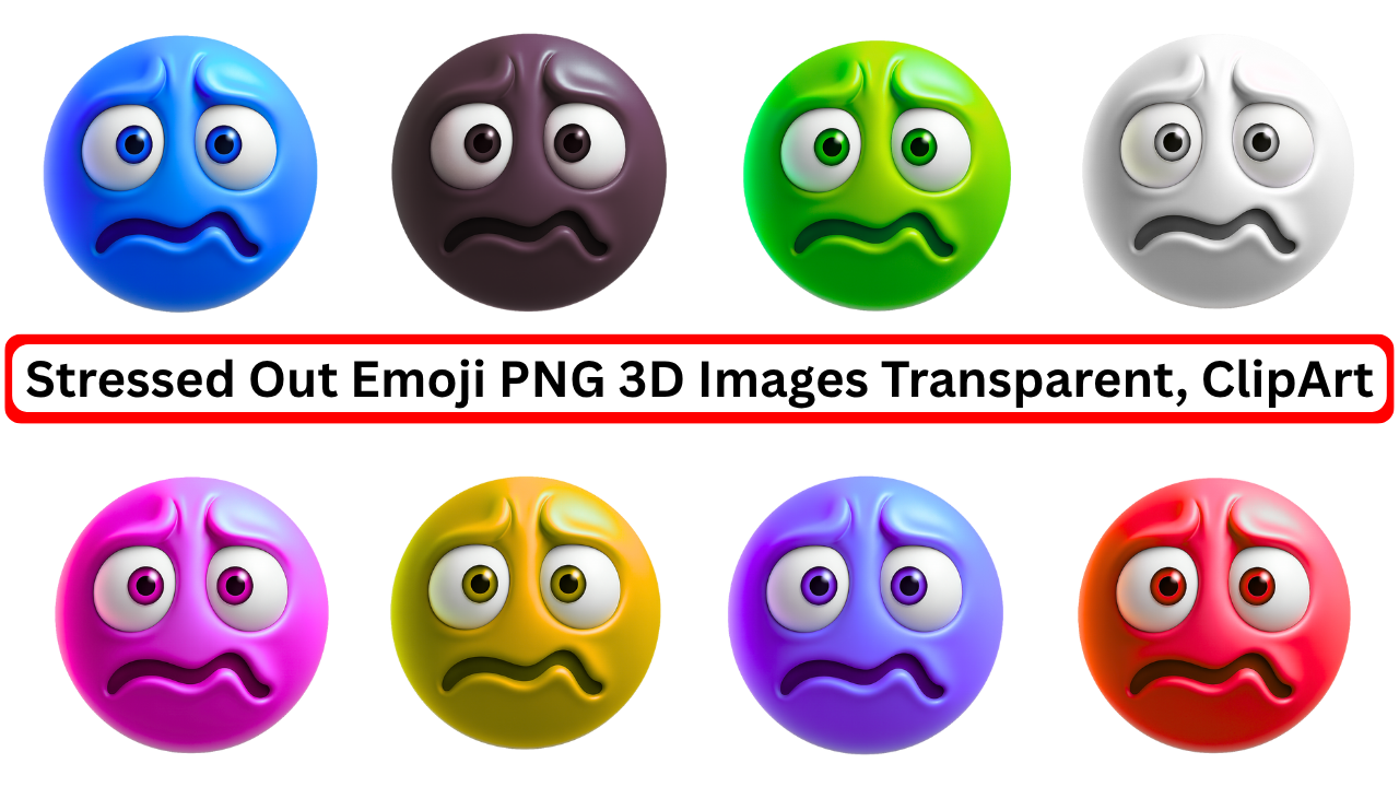 Colorful 3D stressed emojis set with anxious faces in transparent PNG clipart format
